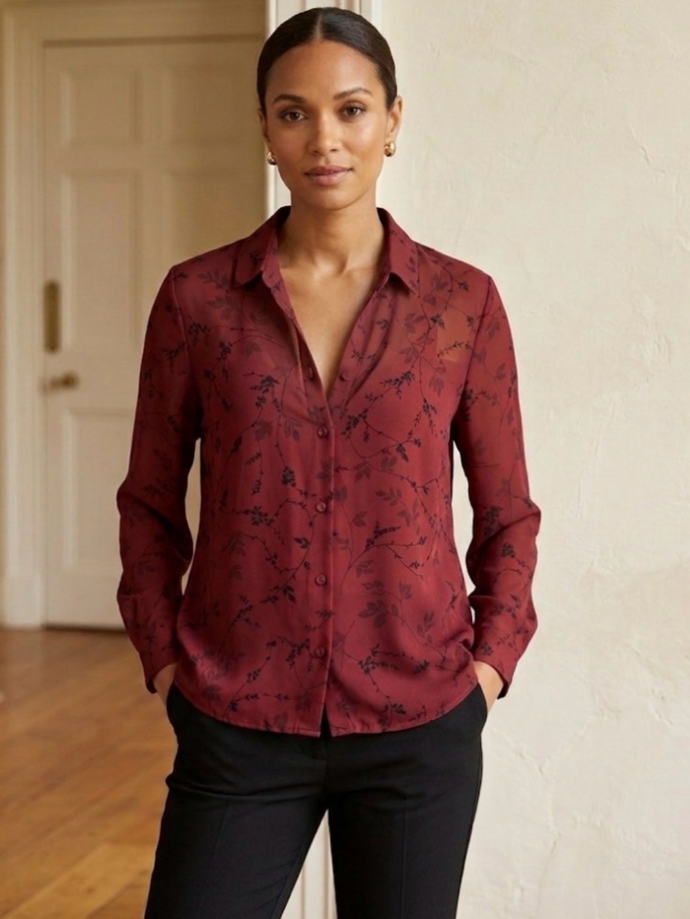 Jones Wear Maroon &Black Floral Button-Down Shirt size 14